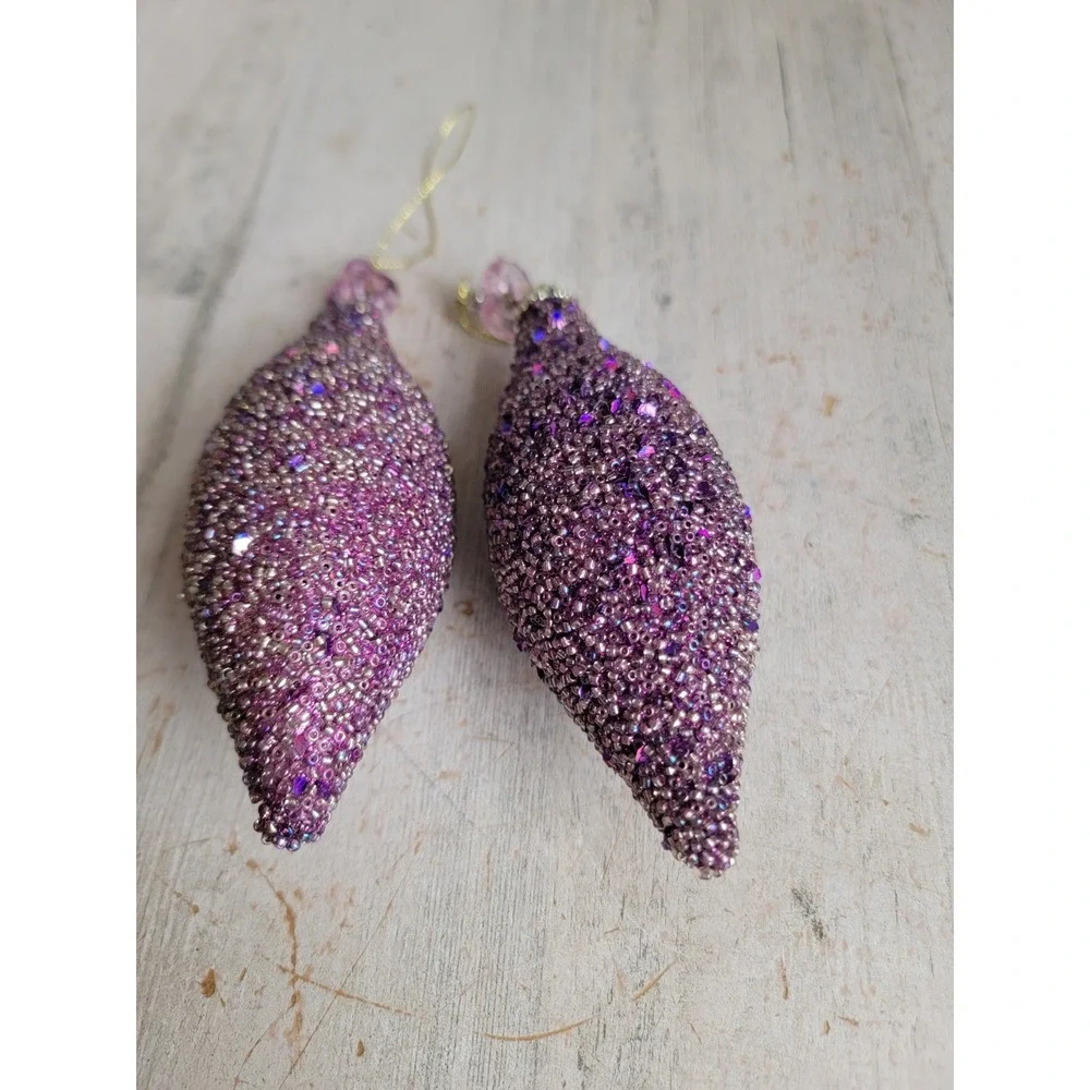 Abstract purple beaded sequin glitter ornament Xmas vintage set unique Home